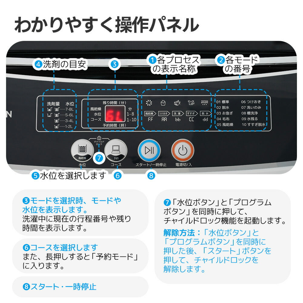 洗濯機 一人暮らし 8kg 全自動洗濯機 10種類 小型洗濯機 縦型洗濯機 洗濯 脱水 チャイルドロック 予約洗濯機能 ステンレス槽 排水ホース 部屋干し 毛布 きれい 洗濯器 コンパク 引越し 家電 7日内出荷