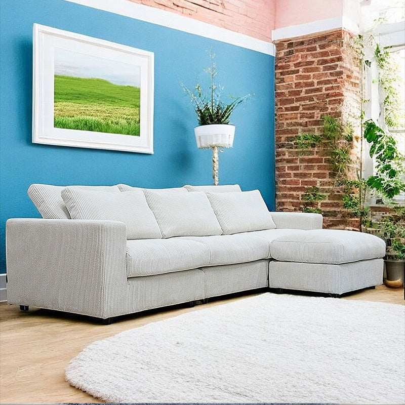 ソファ カウチソファー 大型 幅260cm 大きめ 北欧 おしゃれ ファブリック 布 3人掛け 4人掛け スツール付き シェーズロング l字ソファー クッション付き おすすめ アイボリー コーデュロイ