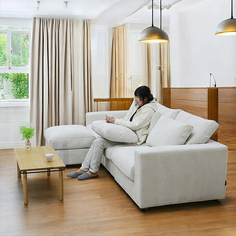 ソファ カウチソファー 大型 幅260cm 大きめ 北欧 おしゃれ ファブリック 布 3人掛け 4人掛け スツール付き シェーズロング l字ソファー クッション付き おすすめ アイボリー コーデュロイ