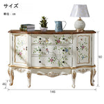 Casaconer | キャビネット・ほぼ完成品・脚の取り付けが必要・キッチン収納・姫系・アクセサリー・扉収納・3段引き出し・猫脚デザイン・FAX台・電話台・手描き花鳥模様