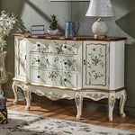 Casaconer | キャビネット・ほぼ完成品・脚の取り付けが必要・キッチン収納・姫系・アクセサリー・扉収納・3段引き出し・猫脚デザイン・FAX台・電話台・手描き花鳥模様