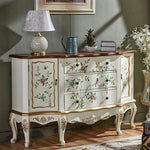 Casaconer | キャビネット・ほぼ完成品・脚の取り付けが必要・キッチン収納・姫系・アクセサリー・扉収納・3段引き出し・猫脚デザイン・FAX台・電話台・手描き花鳥模様