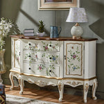 Casaconer | キャビネット・ほぼ完成品・脚の取り付けが必要・キッチン収納・姫系・アクセサリー・扉収納・3段引き出し・猫脚デザイン・FAX台・電話台・手描き花鳥模様