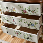 Casaconer | キャビネット・ほぼ完成品・脚の取り付けが必要・キッチン収納・姫系・アクセサリー・扉収納・3段引き出し・猫脚デザイン・FAX台・電話台・手描き花鳥模様