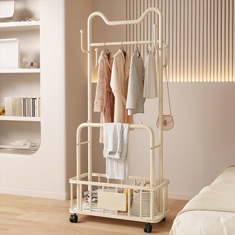 ハンガーラック ダブルバー仕様 幅60cm／80cm スチール製 キャスター付き（ストッパー機能） 収納カゴ付き コートハンガー 洋服掛け 寝室 ベッドサイド ブラック／ホワイト モダン かわいい