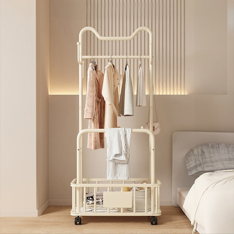 ハンガーラック ダブルバー仕様 幅60cm／80cm スチール製 キャスター付き（ストッパー機能） 収納カゴ付き コートハンガー 洋服掛け 寝室 ベッドサイド ブラック／ホワイト モダン かわいい