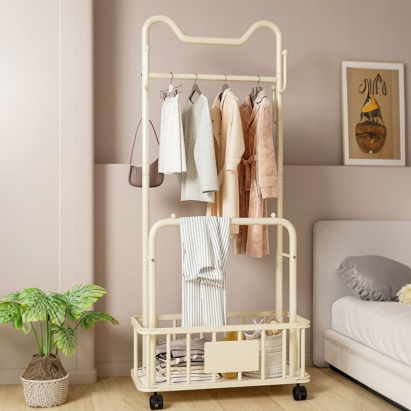 ハンガーラック ダブルバー仕様 幅60cm／80cm スチール製 キャスター付き（ストッパー機能） 収納カゴ付き コートハンガー 洋服掛け 寝室 ベッドサイド ブラック／ホワイト モダン かわいい