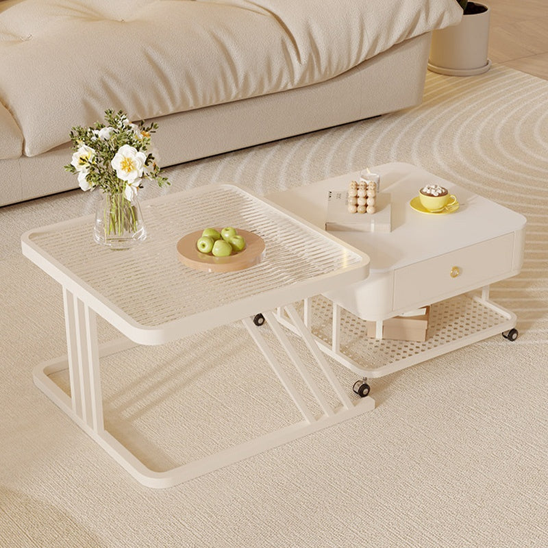 セラミック天板 ローテーブル 幅60+幅50 スチール製 リビングテーブル かわいい 小型 白 ホワイト ベージュ モダン デザイン おしゃれ センターテーブル コーヒーテーブル サイドテーブル ローテーブル 座卓 収納付 引き出し付き