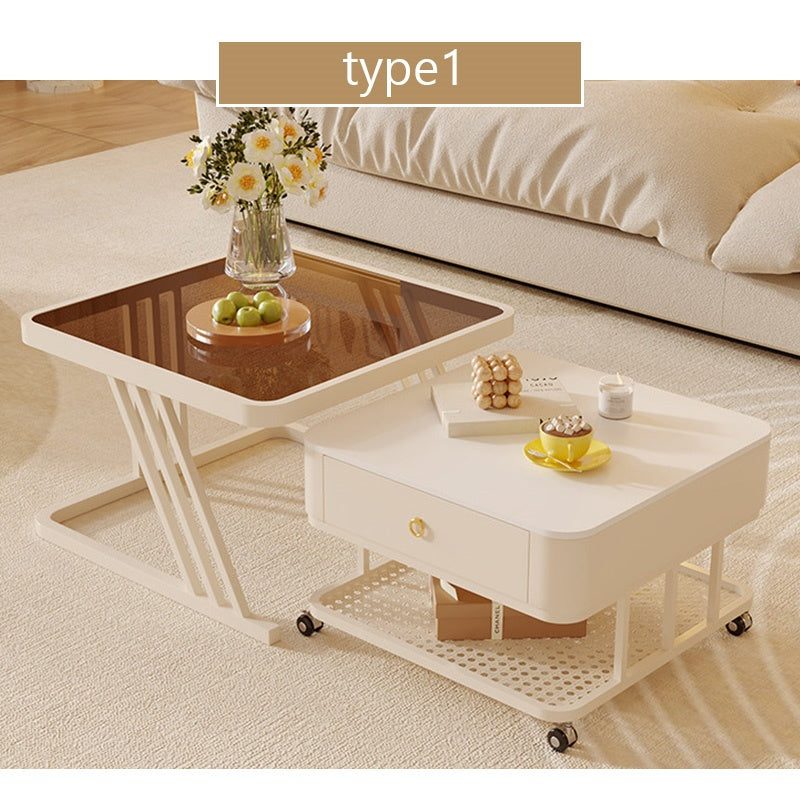 セラミック天板 ローテーブル 幅60+幅50 スチール製 リビングテーブル かわいい 小型 白 ホワイト ベージュ モダン デザイン おしゃれ センターテーブル コーヒーテーブル サイドテーブル ローテーブル 座卓 収納付 引き出し付き