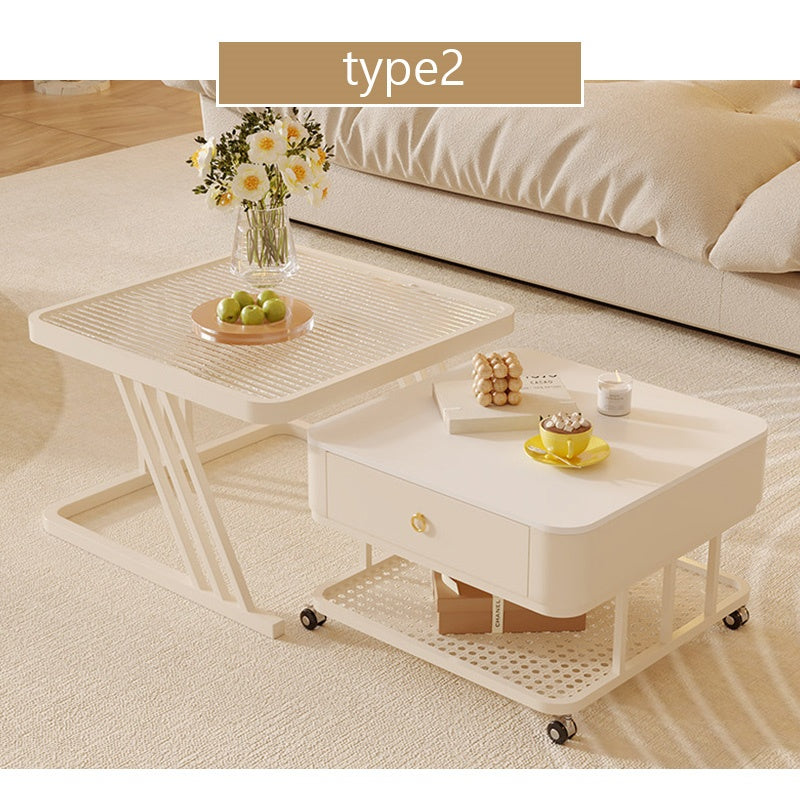 セラミック天板 ローテーブル 幅60+幅50 スチール製 リビングテーブル かわいい 小型 白 ホワイト ベージュ モダン デザイン おしゃれ センターテーブル コーヒーテーブル サイドテーブル ローテーブル 座卓 収納付 引き出し付き