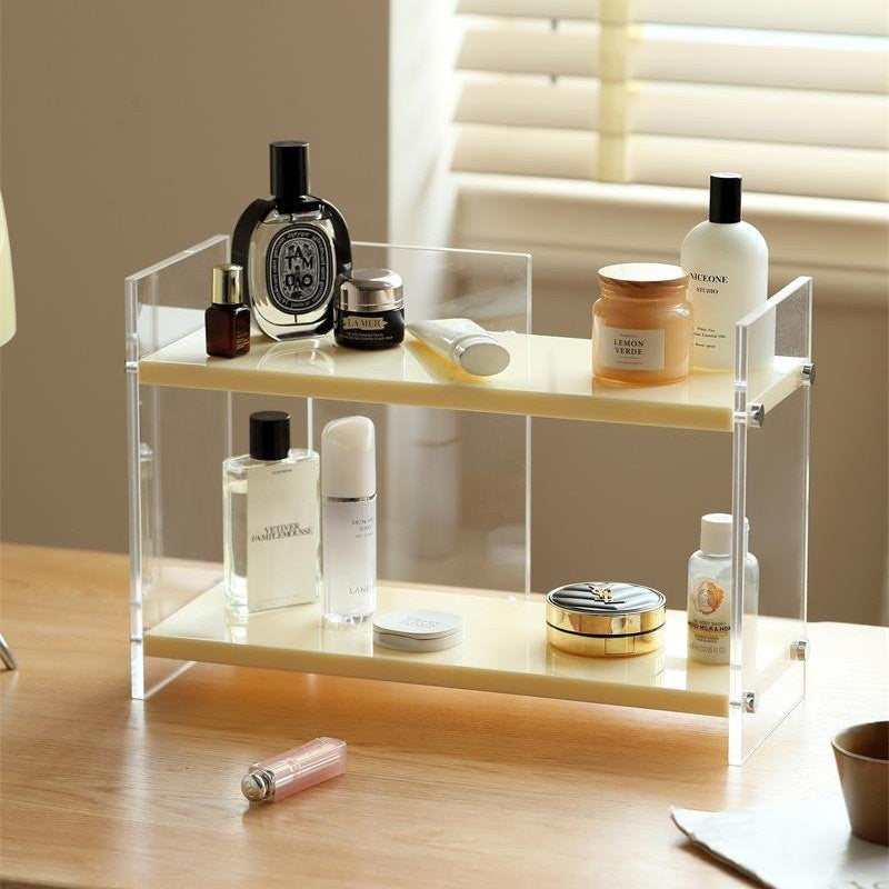 アクリル製 香水ラック 幅40cm 卓上2段収納 化粧品ラック ドレッサー整理 置物棚 透明デザイン 小物収納 おしゃれ シンプル 省スペース インテリアラック