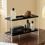 アクリル製 香水ラック 幅40cm 卓上2段収納 化粧品ラック ドレッサー整理 置物棚 透明デザイン 小物収納 おしゃれ シンプル 省スペース インテリアラック