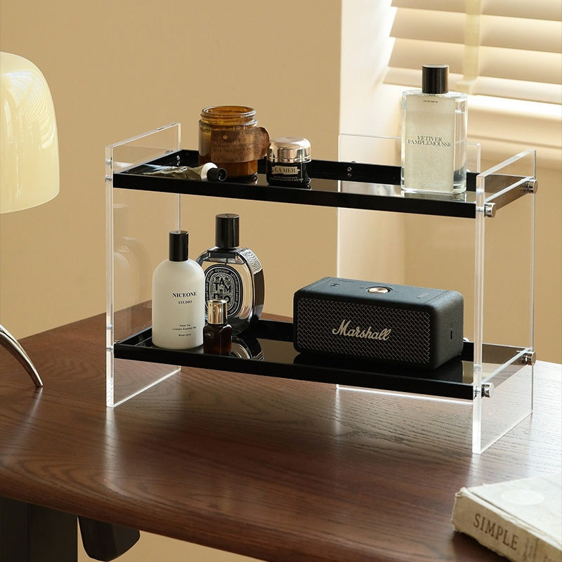 アクリル製 香水ラック 幅40cm 卓上2段収納 化粧品ラック ドレッサー整理 置物棚 透明デザイン 小物収納 おしゃれ シンプル 省スペース インテリアラック