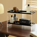 アクリル製 香水ラック 幅40cm 卓上2段収納 化粧品ラック ドレッサー整理 置物棚 透明デザイン 小物収納 おしゃれ シンプル 省スペース インテリアラック