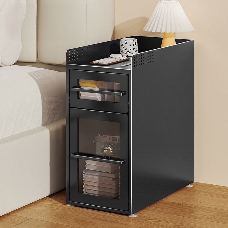 完成品 金属製 ナイトテーブル スチール 幅25cm 省スペース 寝室用 ベッドサイドテーブル サイドキャビネット 収納ラック サイドボード ブラック 一段引き出し／二段引き出し コンパクト
