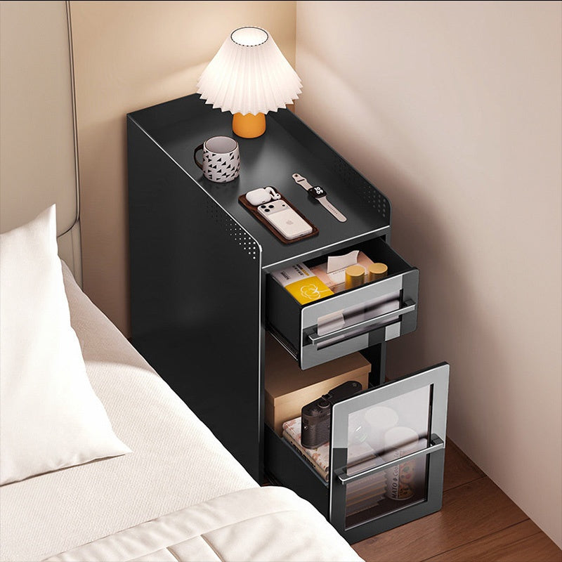 完成品 金属製 ナイトテーブル スチール 幅25cm 省スペース 寝室用 ベッドサイドテーブル サイドキャビネット 収納ラック サイドボード ブラック 一段引き出し／二段引き出し コンパクト