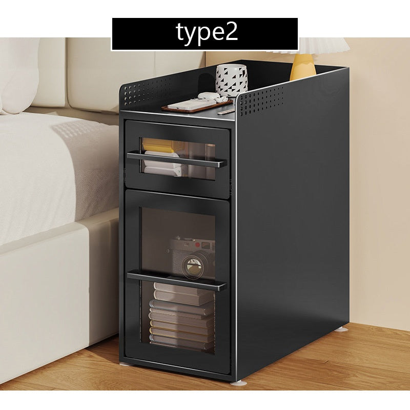完成品 金属製 ナイトテーブル スチール 幅25cm 省スペース 寝室用 ベッドサイドテーブル サイドキャビネット 収納ラック サイドボード ブラック 一段引き出し／二段引き出し コンパクト