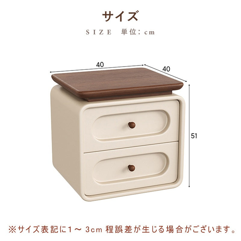 【完成品】ナイトテーブル 2段引き出し 幅40cm コンパクト ベッドサイドテーブル サイドテーブル 収納付き 寝室収納 リビング収納 丸角デザイン 木目天板 北欧風 シンプル おしゃれ