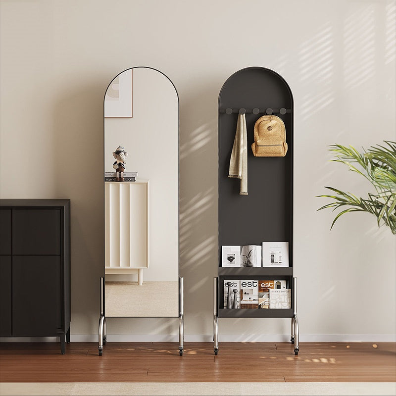 回転式 全身鏡 ミラーラック キャスター付き スリム 収納一体型 ハンガーラック 展示棚 置物ラック 可動式 フロアミラー 玄関 リビング 寝室 省スペース ブラック ホワイト レトロ モダン