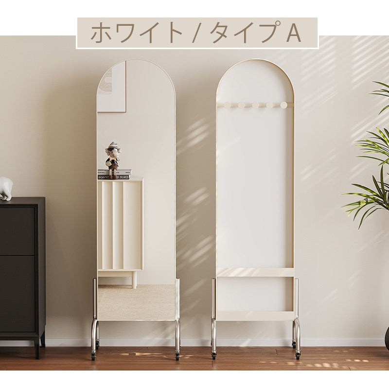 回転式 全身鏡 ミラーラック キャスター付き スリム 収納一体型 ハンガーラック 展示棚 置物ラック 可動式 フロアミラー 玄関 リビング 寝室 省スペース ブラック ホワイト レトロ モダン