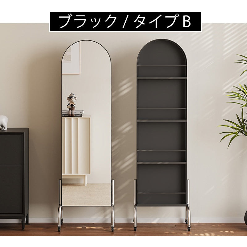 回転式 全身鏡 ミラーラック キャスター付き スリム 収納一体型 ハンガーラック 展示棚 置物ラック 可動式 フロアミラー 玄関 リビング 寝室 省スペース ブラック ホワイト レトロ モダン