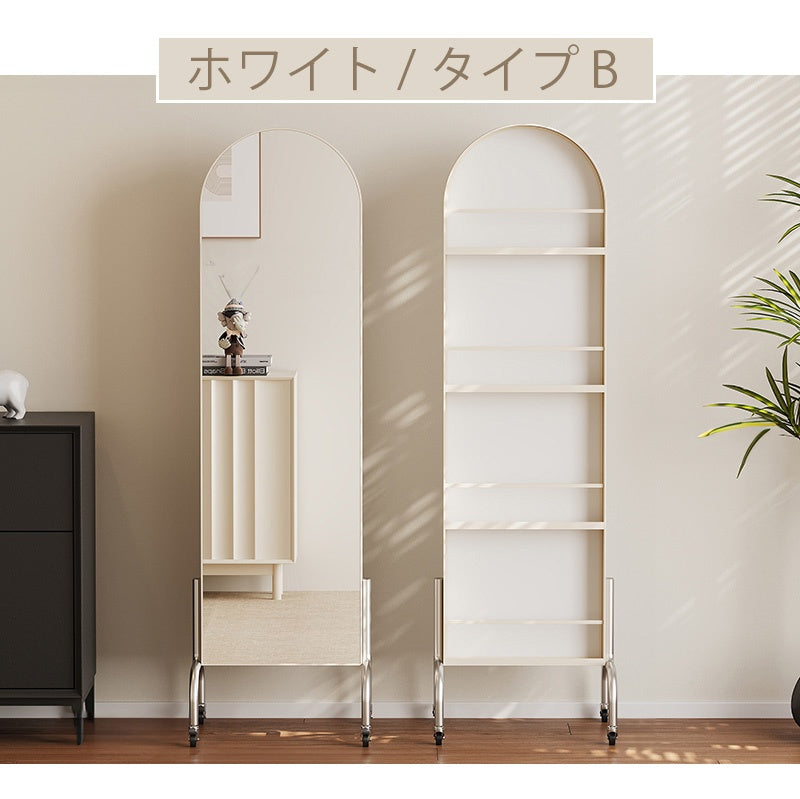 回転式 全身鏡 ミラーラック キャスター付き スリム 収納一体型 ハンガーラック 展示棚 置物ラック 可動式 フロアミラー 玄関 リビング 寝室 省スペース ブラック ホワイト レトロ モダン