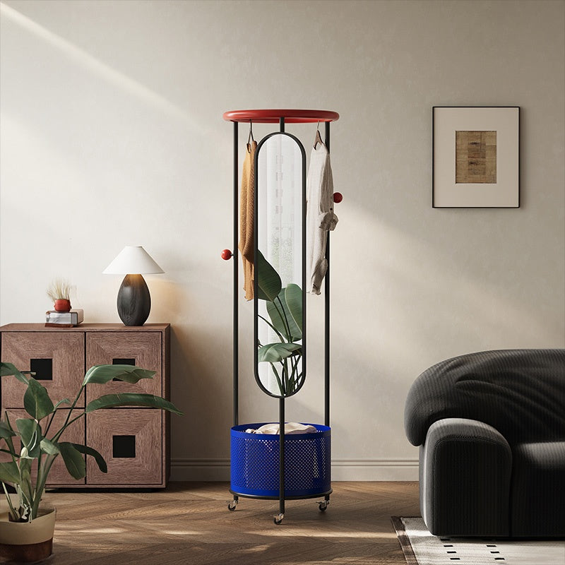 スチール製ポールハンガー 全身ミラー付き 幅50cm 高さ180cm キャスター付き 収納バスケット一体型 コートハンガー 衣類収納 サイドミラー 玄関 リビング 寝室 ブラック／ブルー／ホワイト