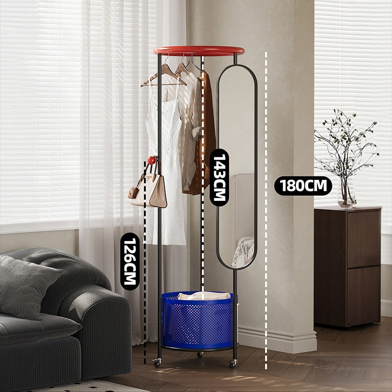 スチール製ポールハンガー 全身ミラー付き 幅50cm 高さ180cm キャスター付き 収納バスケット一体型 コートハンガー 衣類収納 サイドミラー 玄関 リビング 寝室 ブラック／ブルー／ホワイト