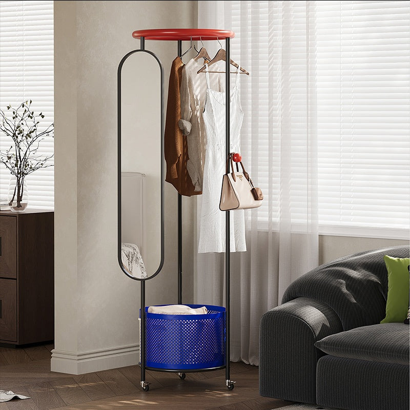 スチール製ポールハンガー 全身ミラー付き 幅50cm 高さ180cm キャスター付き 収納バスケット一体型 コートハンガー 衣類収納 サイドミラー 玄関 リビング 寝室 ブラック／ブルー／ホワイト
