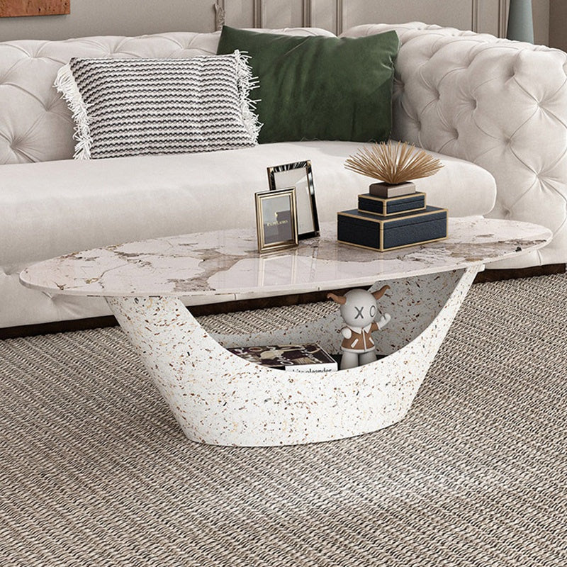 リビングテーブル セラミック調天板 幅120cm 楕円形 ローテーブル 収納付き スチール製ベース モダンデザイン 高級感 リビング向け 北欧風 ホワイト／ブラック おしゃれ シンプル