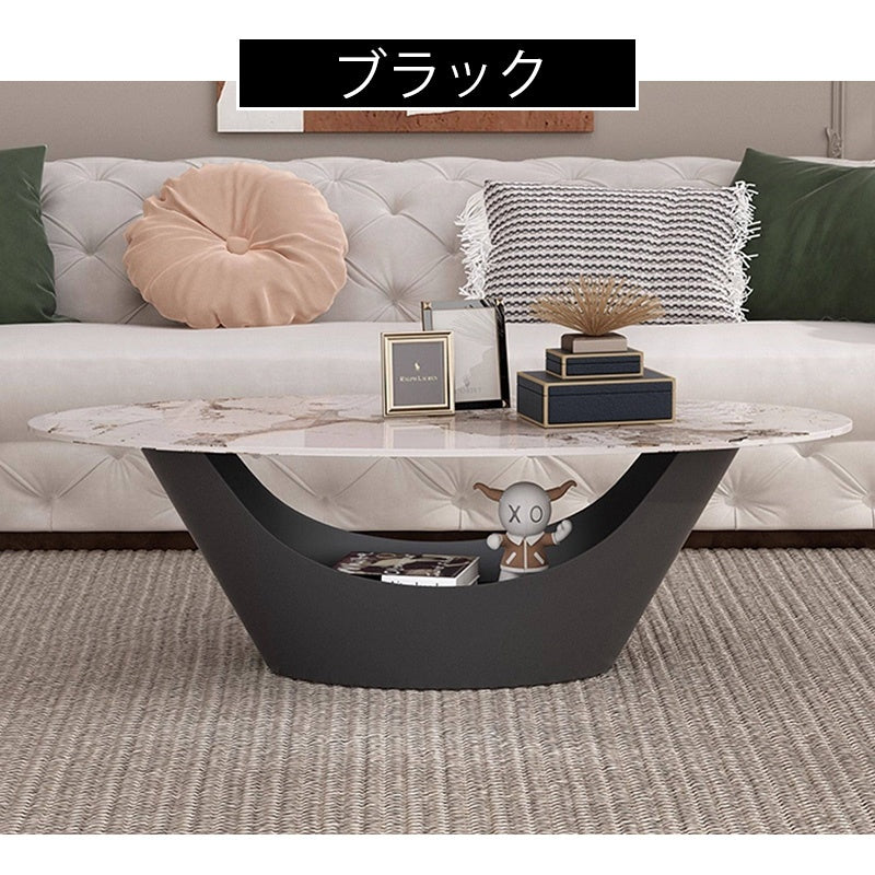 リビングテーブル セラミック調天板 幅120cm 楕円形 ローテーブル 収納付き スチール製ベース モダンデザイン 高級感 リビング向け 北欧風 ホワイト／ブラック おしゃれ シンプル
