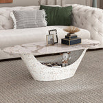 リビングテーブル セラミック調天板 幅120cm 楕円形 ローテーブル 収納付き スチール製ベース モダンデザイン 高級感 リビング向け 北欧風 ホワイト／ブラック おしゃれ シンプル