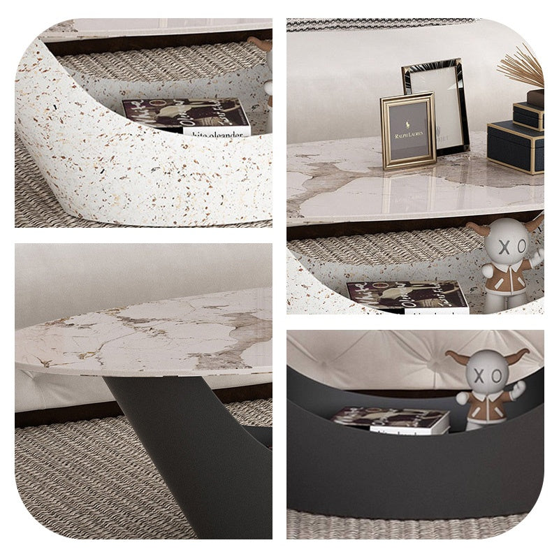 リビングテーブル セラミック調天板 幅120cm 楕円形 ローテーブル 収納付き スチール製ベース モダンデザイン 高級感 リビング向け 北欧風 ホワイト／ブラック おしゃれ シンプル