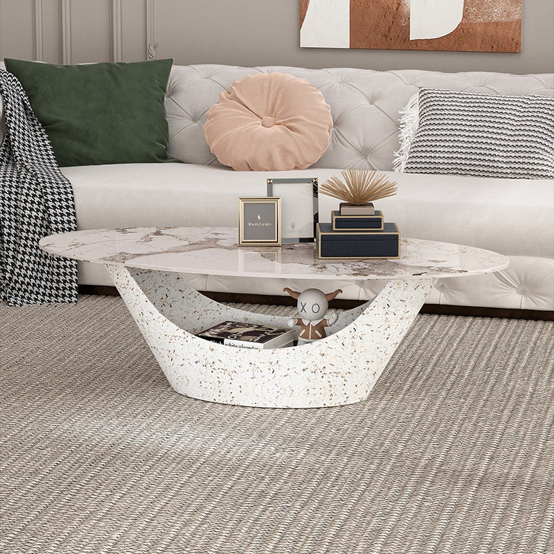 リビングテーブル セラミック調天板 幅120cm 楕円形 ローテーブル 収納付き スチール製ベース モダンデザイン 高級感 リビング向け 北欧風 ホワイト／ブラック おしゃれ シンプル