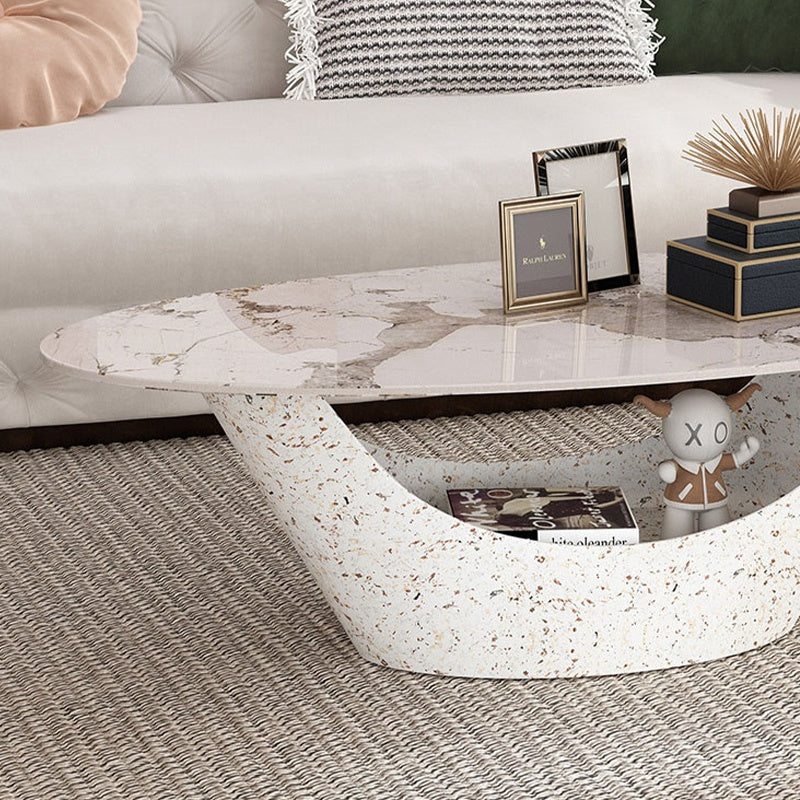 リビングテーブル セラミック調天板 幅120cm 楕円形 ローテーブル 収納付き スチール製ベース モダンデザイン 高級感 リビング向け 北欧風 ホワイト／ブラック おしゃれ シンプル