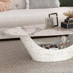 リビングテーブル セラミック調天板 幅120cm 楕円形 ローテーブル 収納付き スチール製ベース モダンデザイン 高級感 リビング向け 北欧風 ホワイト／ブラック おしゃれ シンプル