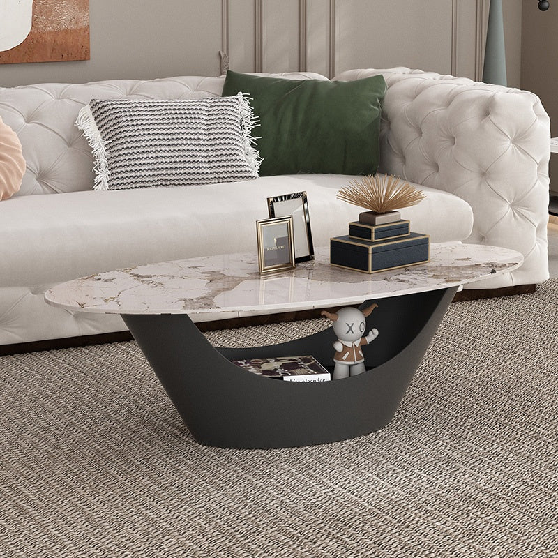 リビングテーブル セラミック調天板 幅120cm 楕円形 ローテーブル 収納付き スチール製ベース モダンデザイン 高級感 リビング向け 北欧風 ホワイト／ブラック おしゃれ シンプル