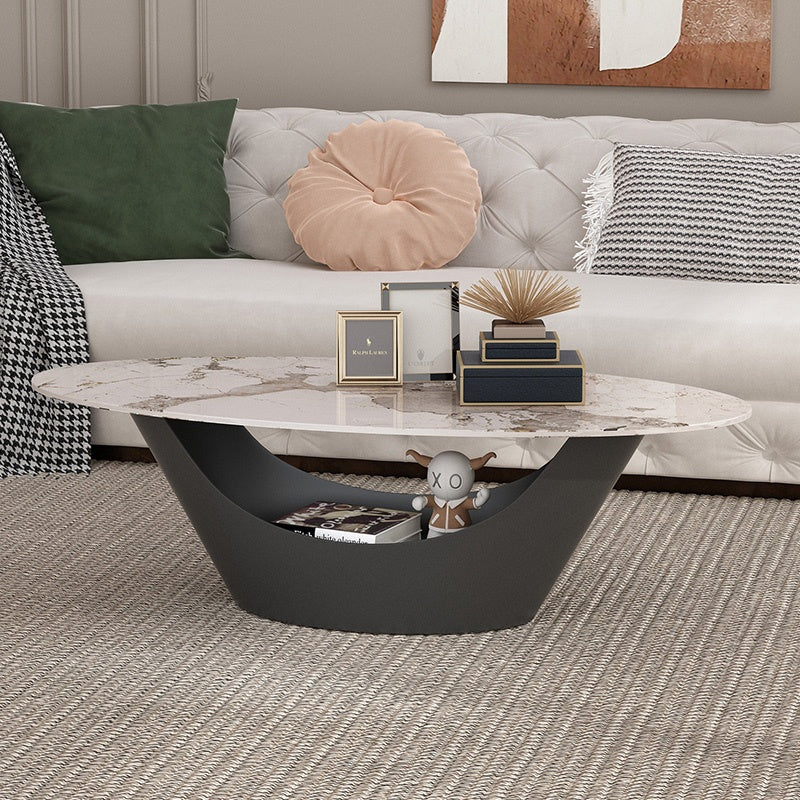 リビングテーブル セラミック調天板 幅120cm 楕円形 ローテーブル 収納付き スチール製ベース モダンデザイン 高級感 リビング向け 北欧風 ホワイト／ブラック おしゃれ シンプル