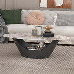 リビングテーブル セラミック調天板 幅120cm 楕円形 ローテーブル 収納付き スチール製ベース モダンデザイン 高級感 リビング向け 北欧風 ホワイト／ブラック おしゃれ シンプル