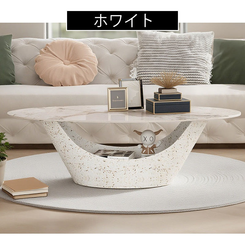 リビングテーブル セラミック調天板 幅120cm 楕円形 ローテーブル 収納付き スチール製ベース モダンデザイン 高級感 リビング向け 北欧風 ホワイト／ブラック おしゃれ シンプル