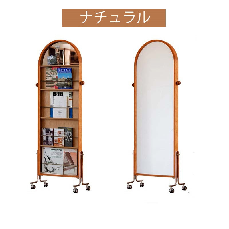 Casaconer | 姿見ミラー付きマガジンラック・全身鏡付き収納・キャスター付き・スタンドミラー・書類収納付き・移動式ワゴン・回転式ミラー・木製・ウォールナット/ナチュラル/ブラック・おしゃれ・一人暮らし・北欧風