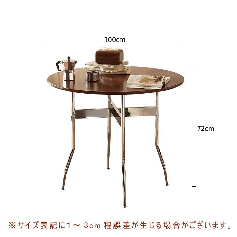 Casaconer | ダイニングテーブル・無垢材天板・スチール脚・円型・食卓テーブル・直径80cm/100cm・4人・6人掛け・おしゃれ・モダン・ナチュラル/ウォルナットカラー・リビング・お手入れ・耐摩耗・艶消し・丸テーブル