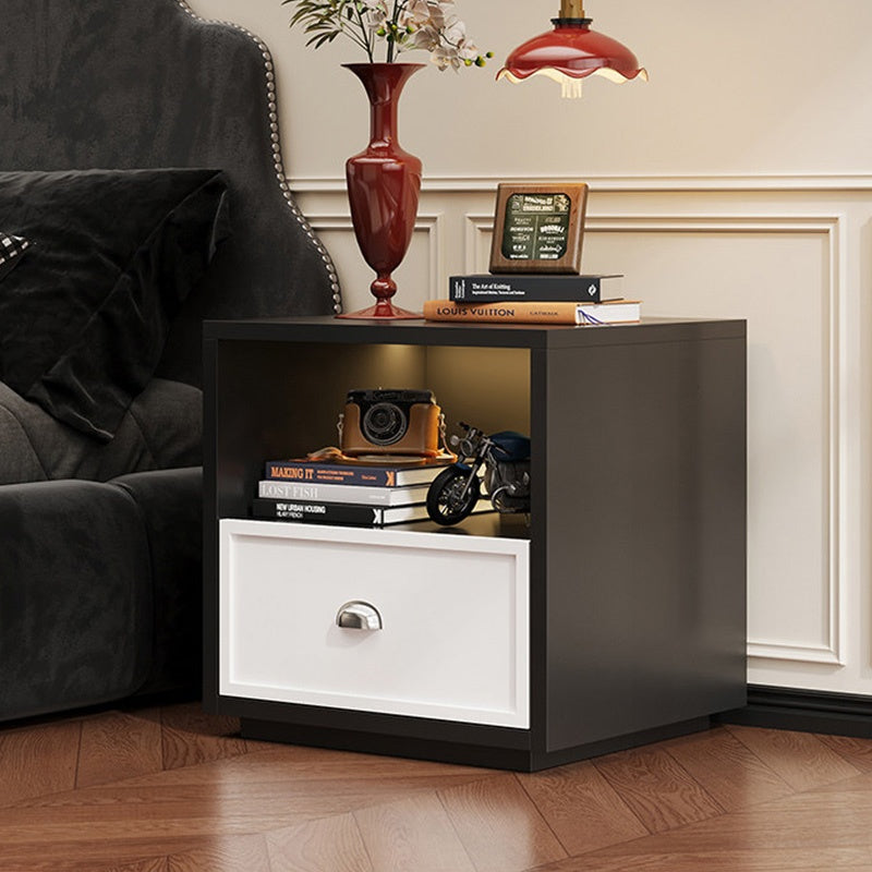 スチール製 ベッドサイドテーブル 収納付き レトロ風 小型 サイドキャビネット 引き出し1段 寝室用 ホワイト 木目調 北欧風 ミニキャビネット コンパクト 省スペース ナイトテーブル 家具