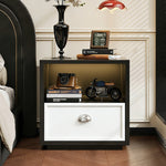 スチール製 ベッドサイドテーブル 収納付き レトロ風 小型 サイドキャビネット 引き出し1段 寝室用 ホワイト 木目調 北欧風 ミニキャビネット コンパクト 省スペース ナイトテーブル 家具