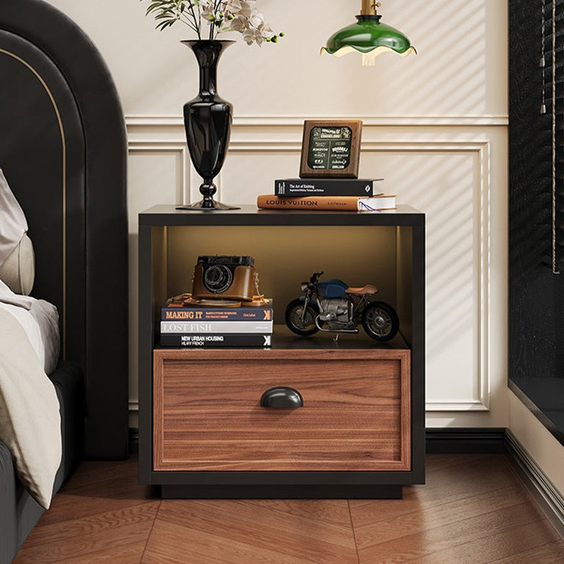 スチール製 ベッドサイドテーブル 収納付き レトロ風 小型 サイドキャビネット 引き出し1段 寝室用 ホワイト 木目調 北欧風 ミニキャビネット コンパクト 省スペース ナイトテーブル 家具