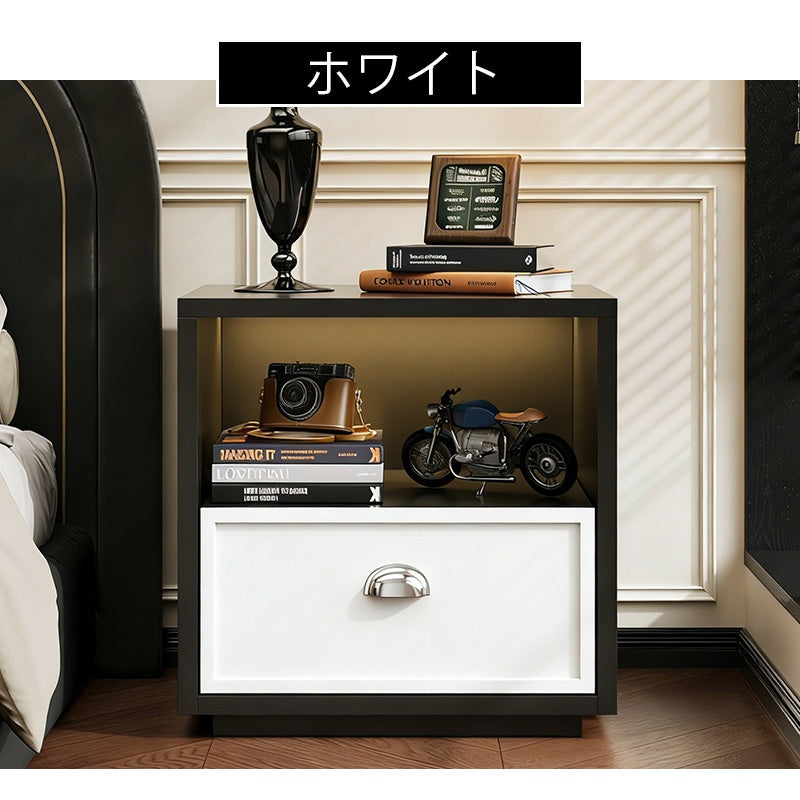 スチール製 ベッドサイドテーブル 収納付き レトロ風 小型 サイドキャビネット 引き出し1段 寝室用 ホワイト 木目調 北欧風 ミニキャビネット コンパクト 省スペース ナイトテーブル 家具
