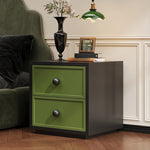 スチール製 ベッドサイドテーブル レトロ風 2段引き出し コンパクト 省スペース 収納サイドキャビネット 寝室用 木目調 グリーン 小型 ナイトテーブル 家具 ミニキャビネット