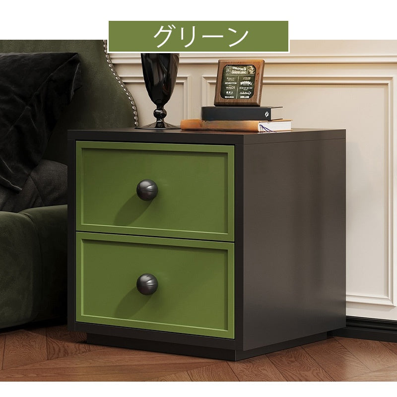 スチール製 ベッドサイドテーブル レトロ風 2段引き出し コンパクト 省スペース 収納サイドキャビネット 寝室用 木目調 グリーン 小型 ナイトテーブル 家具 ミニキャビネット