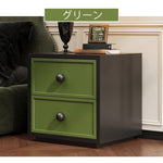 スチール製 ベッドサイドテーブル レトロ風 2段引き出し コンパクト 省スペース 収納サイドキャビネット 寝室用 木目調 グリーン 小型 ナイトテーブル 家具 ミニキャビネット