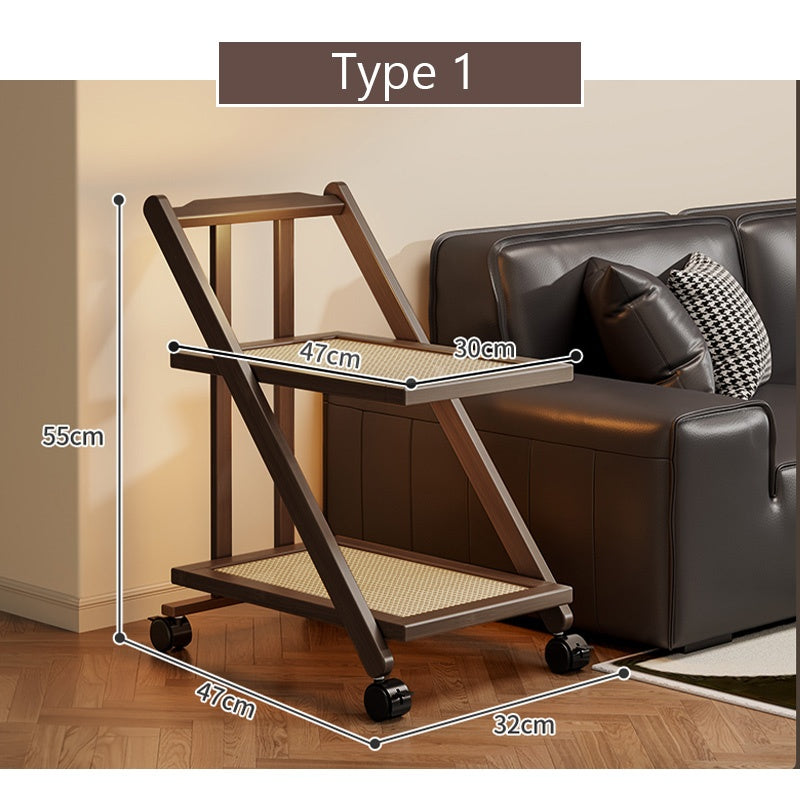 折りたたみサイドワゴン・キャスター付き・収納ワゴン・ラタン調天板・竹製・多機能ワゴン・2段/3段タイプ・ウォルナットカラー・おしゃれ・キッチンワゴン・ブックワゴン・サイドテーブル・コンパクト収納